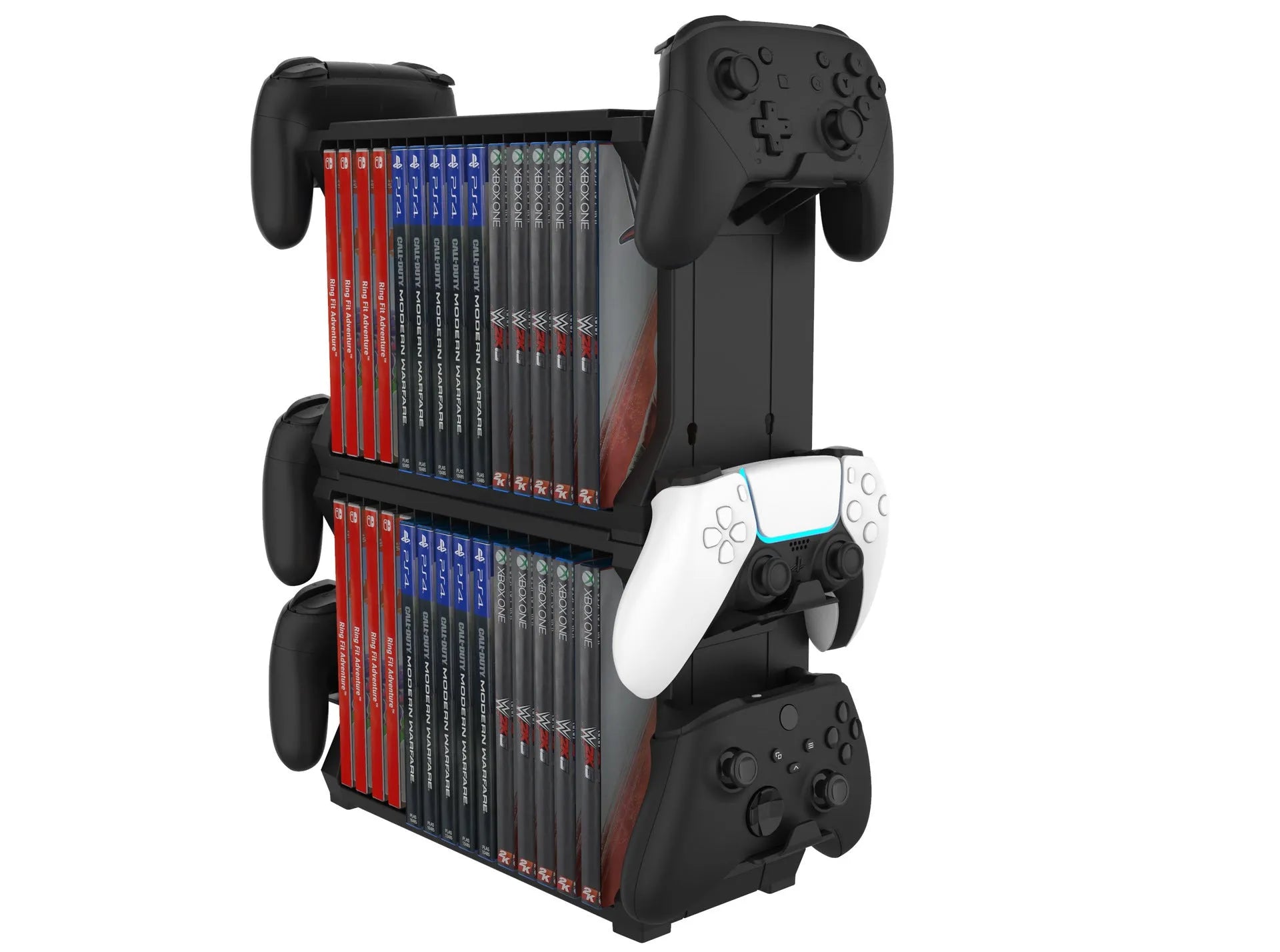 Black PS5 and Xbox Series X disc holder with game cartridge slots and four controller handle storage