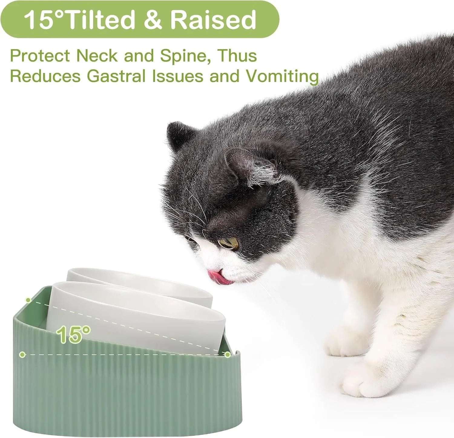 Green ceramic raised cat feeder with two tilted bowls on a non-slip white stand.