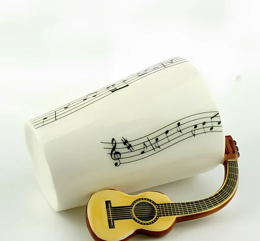 Ceramic music mug with violin-shaped handle showing 240ml capacity and smooth glazed interior
