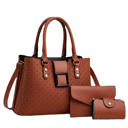 Textured PU leather three-piece women's crossbody bag in a square vertical shape, shown in apricot colour.