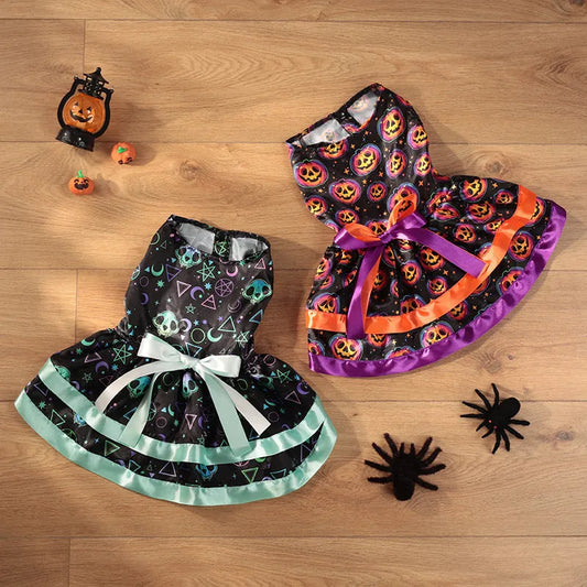Halloween dog skirt in colourful pumpkin print, double-layer design, size medium on a dog.