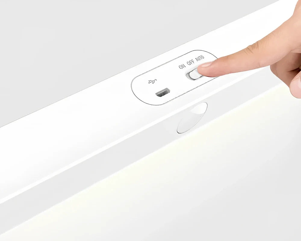 White LED night light with motion sensor measuring 240mm long, 30.5mm wide, and 28mm thick