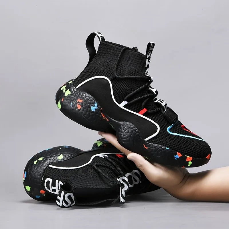 Men's camouflage sneakers with mesh upper and rubber sole, showing striped design and flat profile