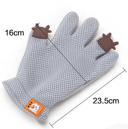 Silicone pet hair removal brush and grooming glove for cats and dogs in Pink, Grey, or Green.
