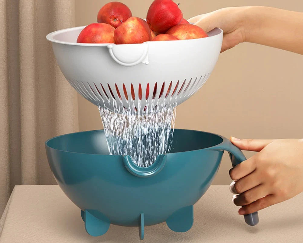 Versatile vegetable preparation station with interchangeable blades and built-in drainage basket for efficient meal prep