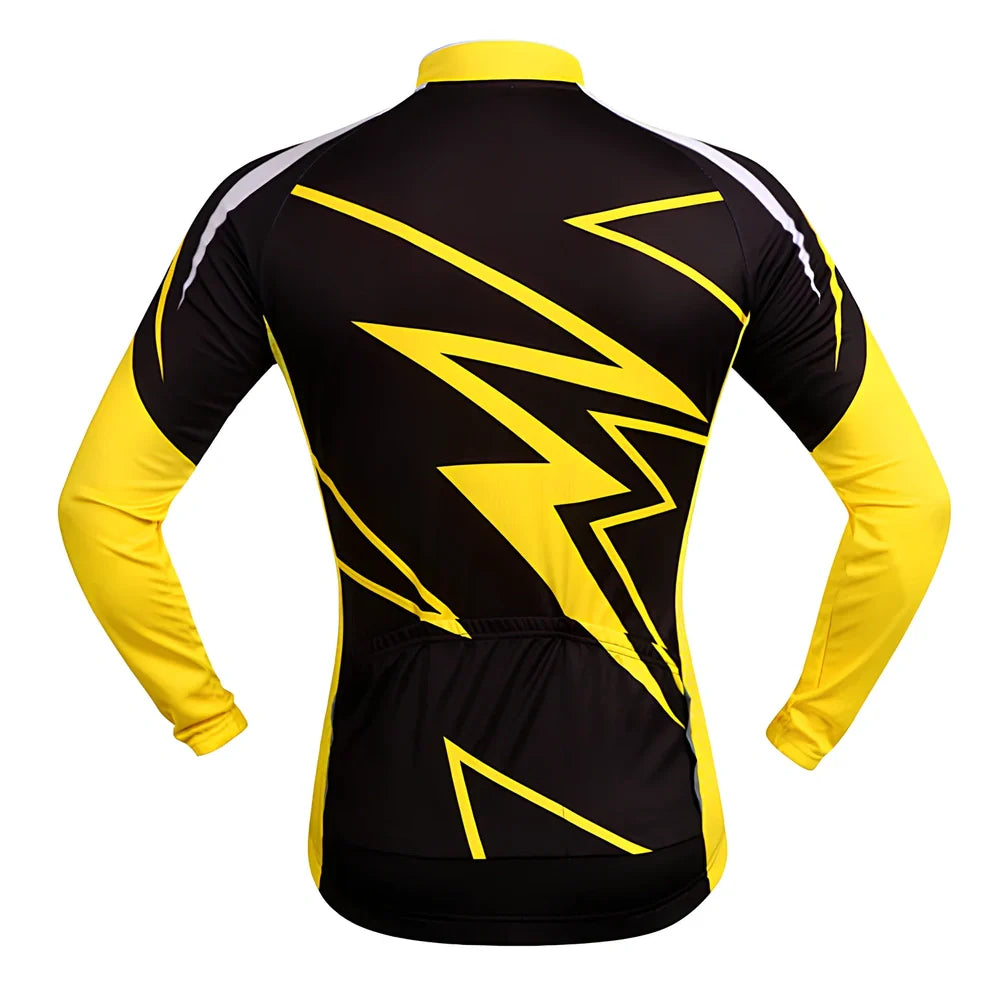 Long sleeve mountain bike cycling jersey in black white with breathable mesh underarms and reflective back for night rides, sizes S-XXL