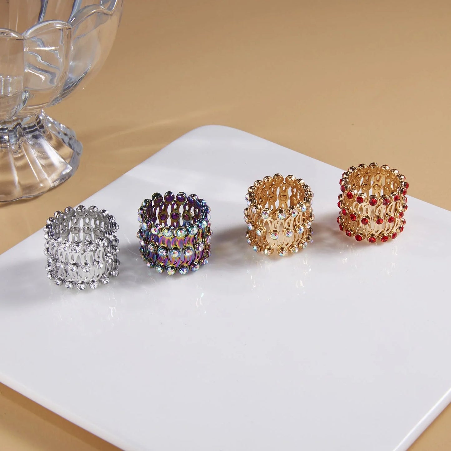 Adjustable 2-in-1 folding rings bracelet with rhinestones for women in various colors