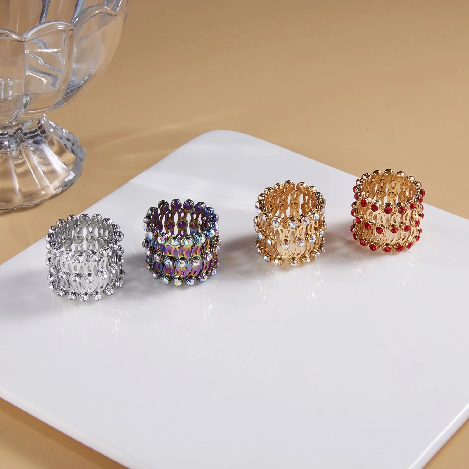 Adjustable 2-in-1 folding rings bracelet with rhinestones for women in various colors