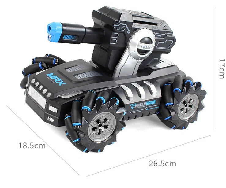 Black and yellow remote control armoured assault vehicle on rocky terrain with dimensions 26.5cm long