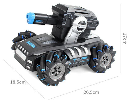 Black and yellow remote control armoured assault vehicle on rocky terrain with dimensions 26.5cm long