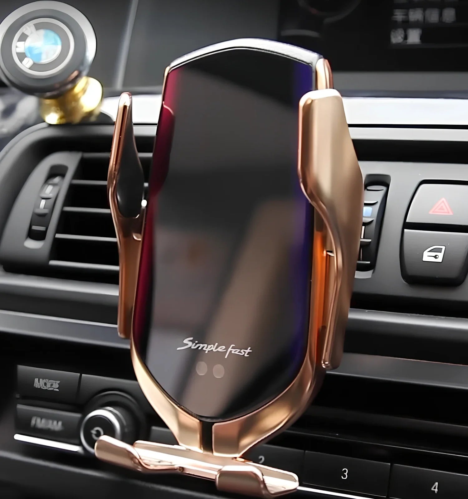Black car wireless charger phone holder with suction cup mount and 360-degree rotation on a dashboard