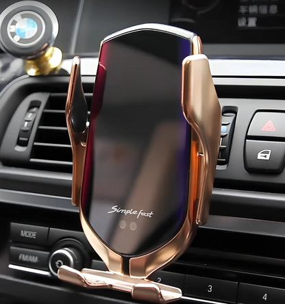 Black car wireless charger phone holder with suction cup mount and 360-degree rotation on a dashboard