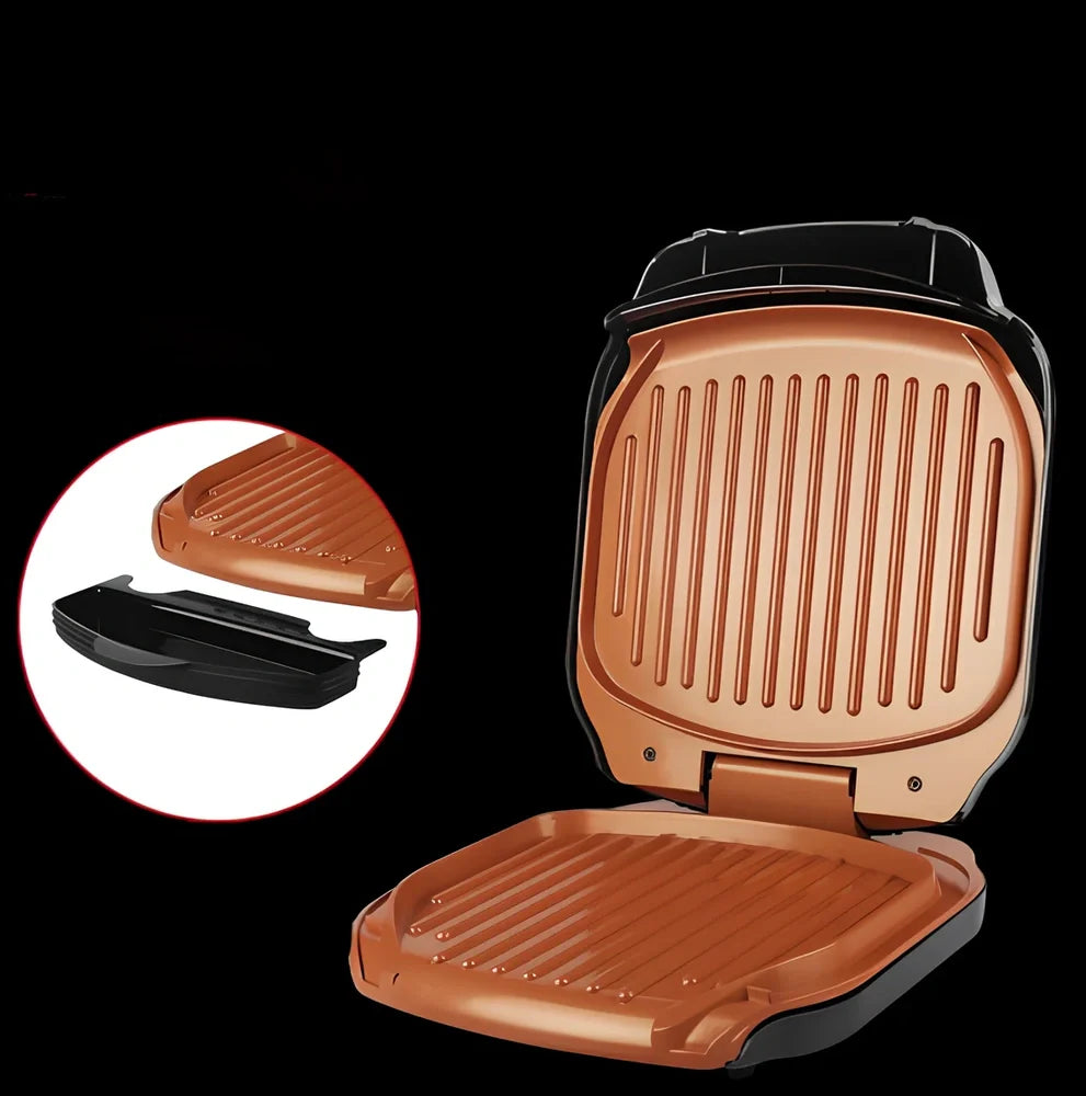 Double-sided kitchen grill with bakelite panels and 85cm power cord showing 24x28cm cooking surface