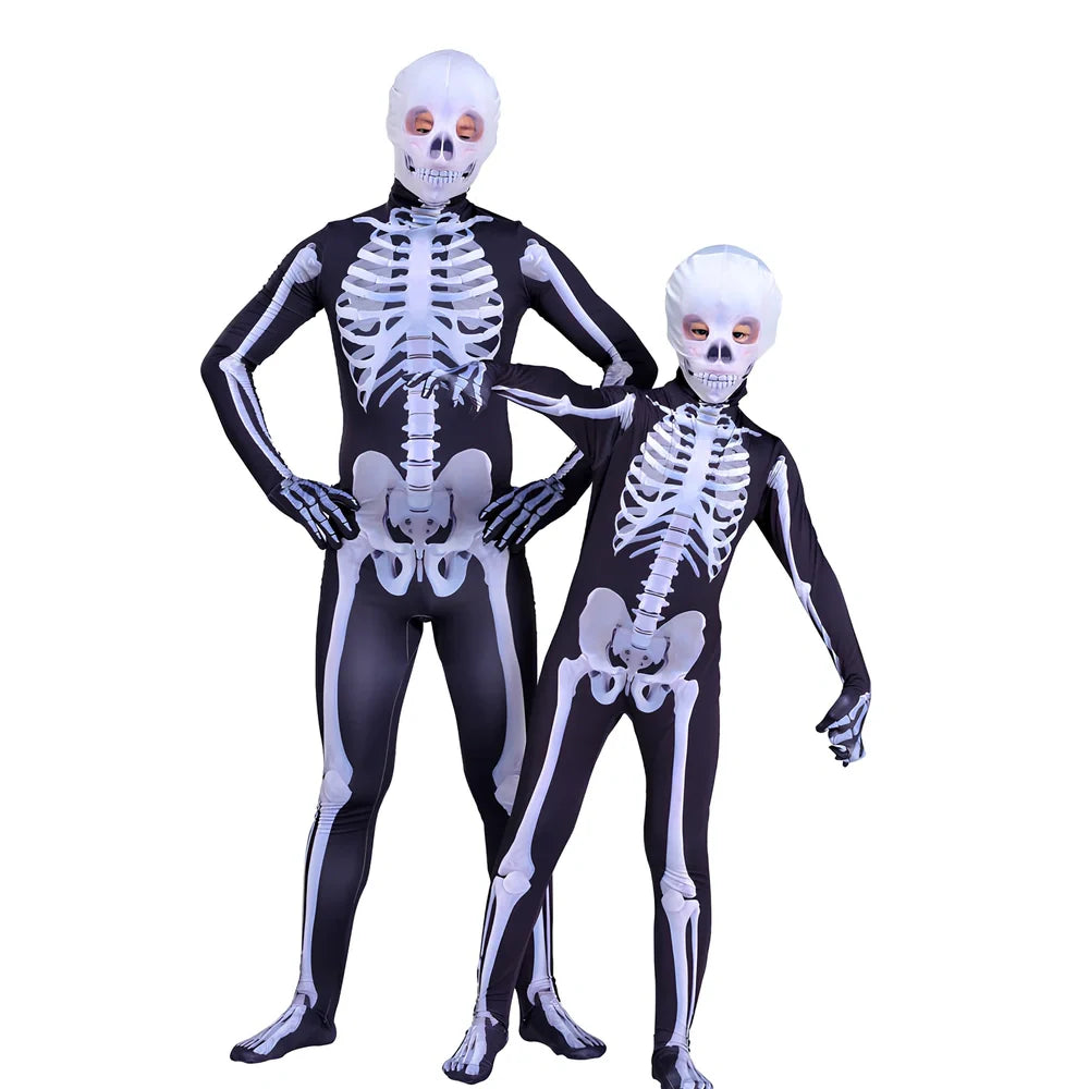 Black milk silk skeleton jumpsuit for males, 93% polyester 7% spandex, sizes 110-180, scary skull print for Halloween parties