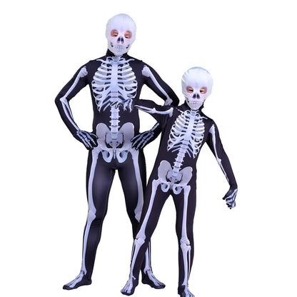 Black milk silk skeleton jumpsuit for males, 93% polyester 7% spandex, sizes 110-180, scary skull print for Halloween parties