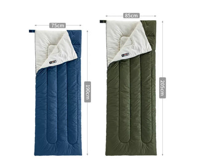 Lightweight camping sleeping bag in navy blue and army green with hollow cotton filling