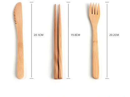 Bamboo travel cutlery set with 7 Japanese-style utensils in carrying pouch for sustainable dining