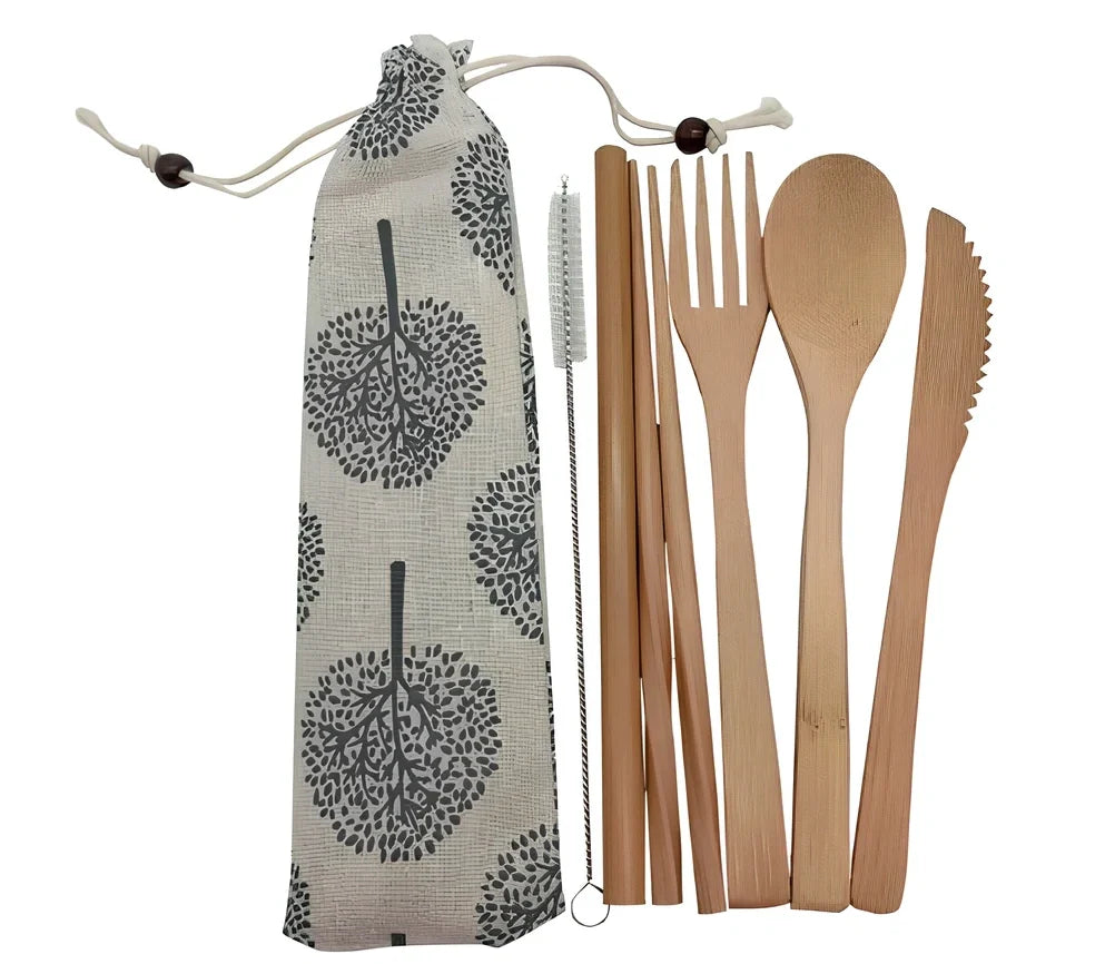Bamboo travel cutlery set with 7 Japanese-style utensils in carrying pouch for sustainable dining