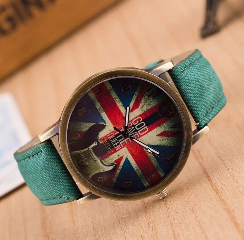 UK flag wrist watch with Union Jack dial, antique bronze finish, metal case and leather strap