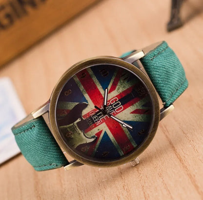 UK flag wrist watch with Union Jack dial, antique bronze finish, metal case and leather strap