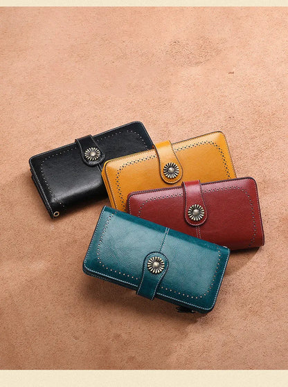 Women's long zipper clutch wallet in bovine split leather with polyester lining, vertical square shape, available in Black, Green, Red, and Yellow.