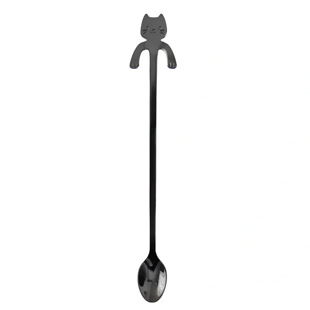 Stainless steel coffee spoon with cartoon cat handle design showing 11.7cm measurement scale