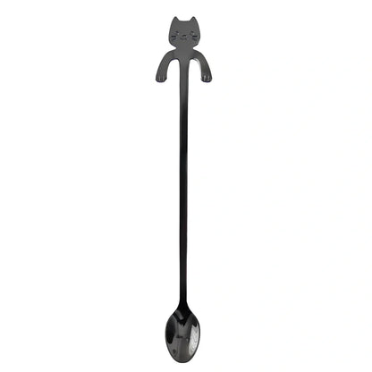 Stainless steel coffee spoon with cartoon cat handle design showing 11.7cm measurement scale