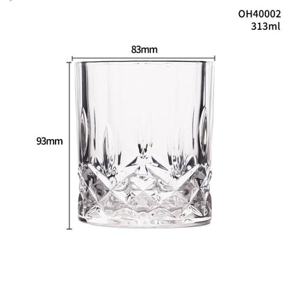 Whiskey shot glass with thick bottom, crystal clear, 350ml capacity, on wooden table