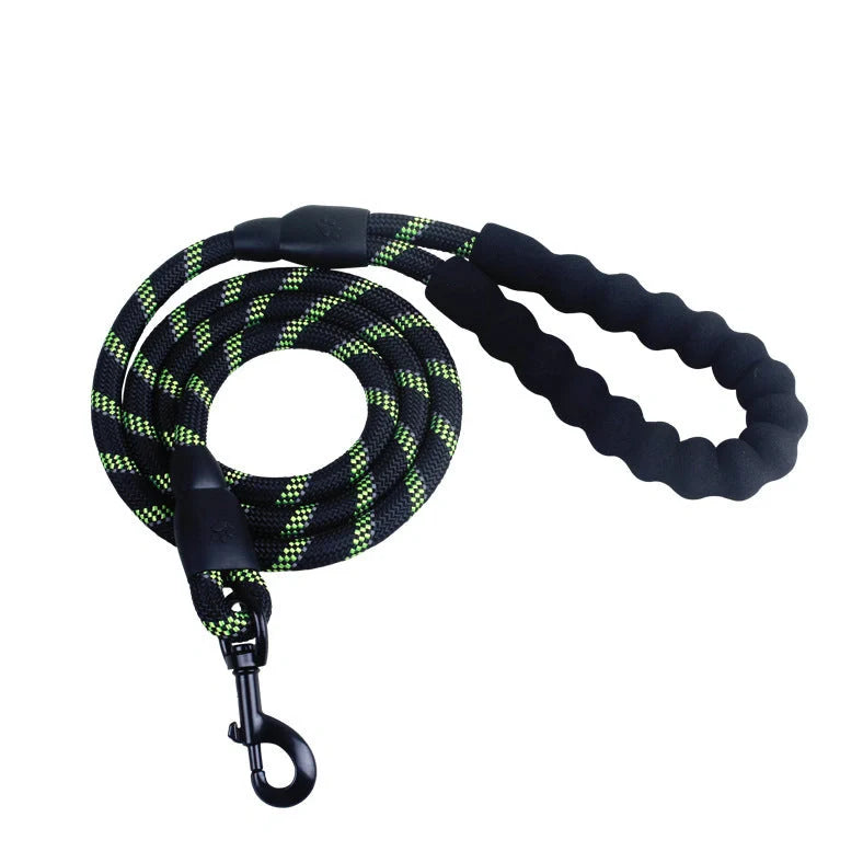 Reflective dog leash with foam handle showing 1.5m length and zinc alloy hook