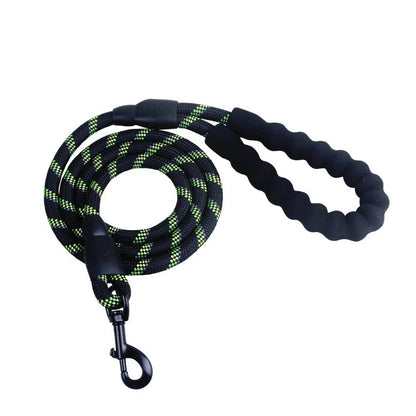 Reflective dog leash with foam handle showing 1.5m length and zinc alloy hook
