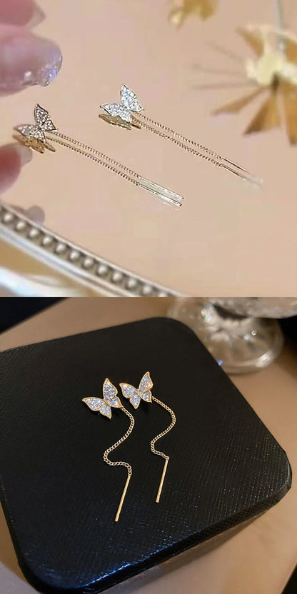 925 Silver Needle Long Tassel Butterfly Earrings in gold and silver options