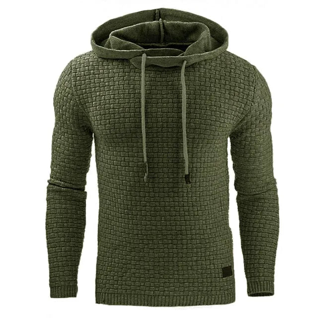 Man wearing a cotton-polyester blend hooded sweatshirt in grey, showing the front design and hood.