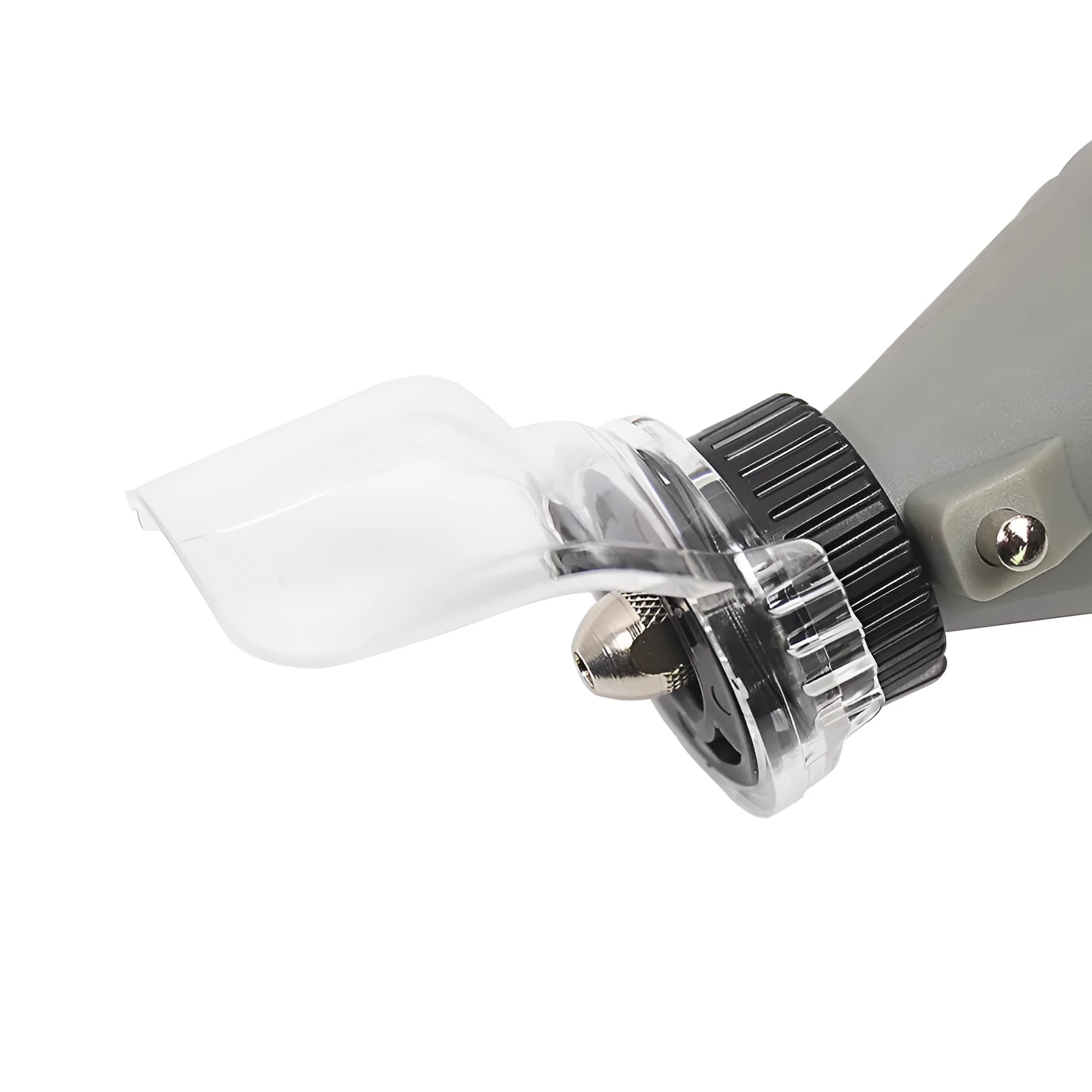 Transparent plastic horn safety cover for Delta angle grinder, showing clear face shield.