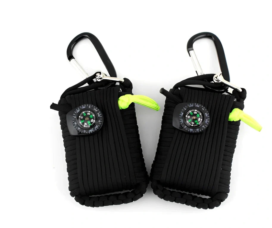 Hand-woven camping survival kit with 10.5m rope containing 25 tools including compass and medical supplies