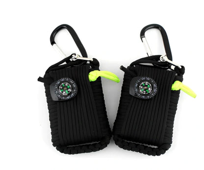 Hand-woven camping survival kit with 10.5m rope containing 25 tools including compass and medical supplies