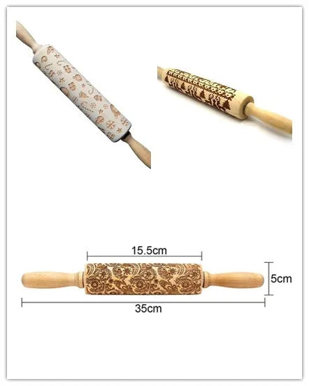 Wooden rolling pin with engraved Christmas patterns including reindeer and snowflakes on a 45cm long barrel.