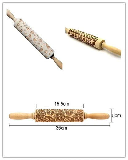 Wooden rolling pin with engraved Christmas patterns including reindeer and snowflakes on a 45cm long barrel.
