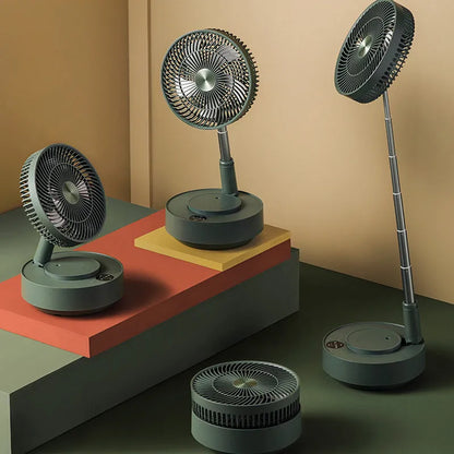 Green and white storage floor electric fan extended to vertical position with remote control