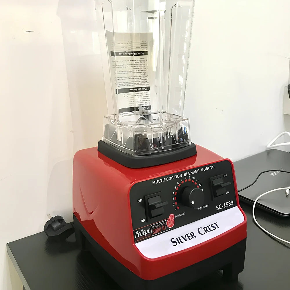 Red multifunctional juicer blender with 3000W motor and 10-litre capacity container for household food preparation