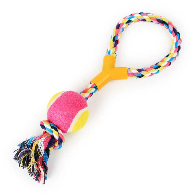 Multi-function dog chew toy with colorful rubber and cotton fiber rope for dental care and playtime