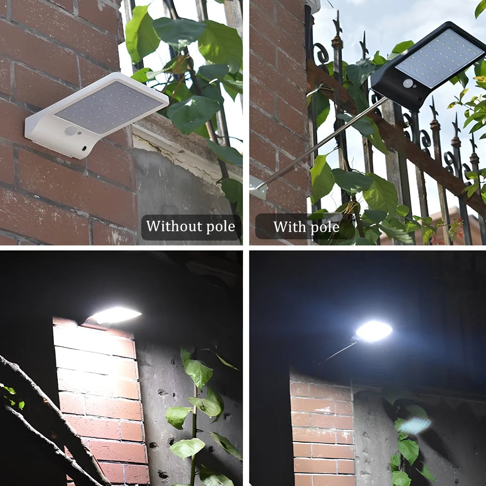 Black and white solar garden light with 36 LEDs, mounting rod option, automatic dusk operation