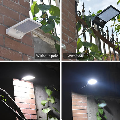 Black and white solar garden light with 36 LEDs, mounting rod option, automatic dusk operation