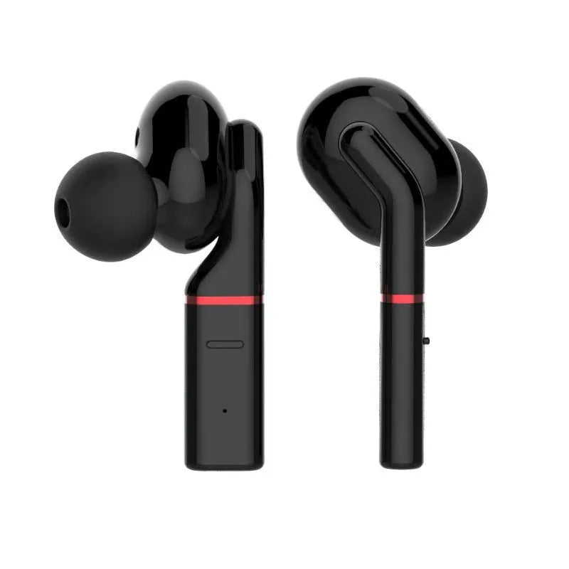 VV1 black and white Bluetooth earphones with a compact charging case on a table.