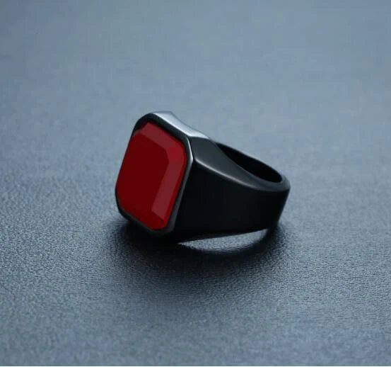 Men's stainless steel black agate ring with geometric design in silver, gold, and red black