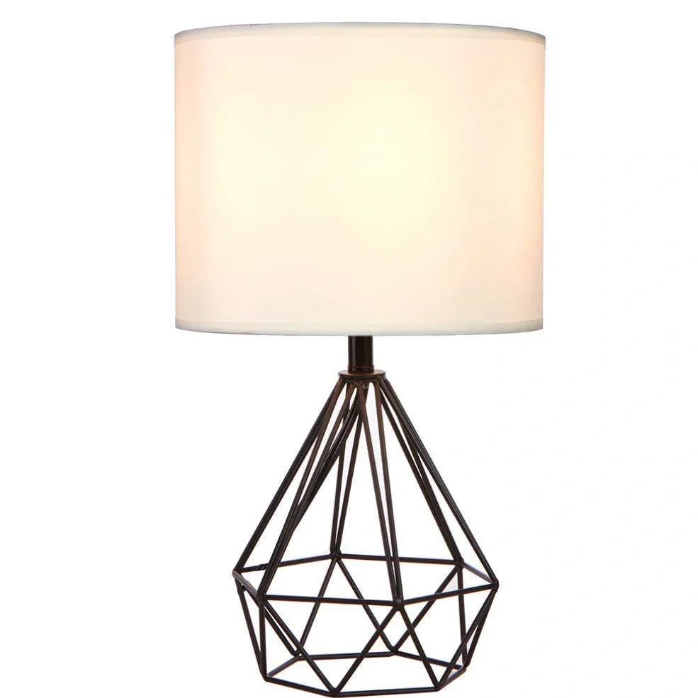 White iron frame table lamp with fabric shade and knob switch, E27 base for LED bulbs