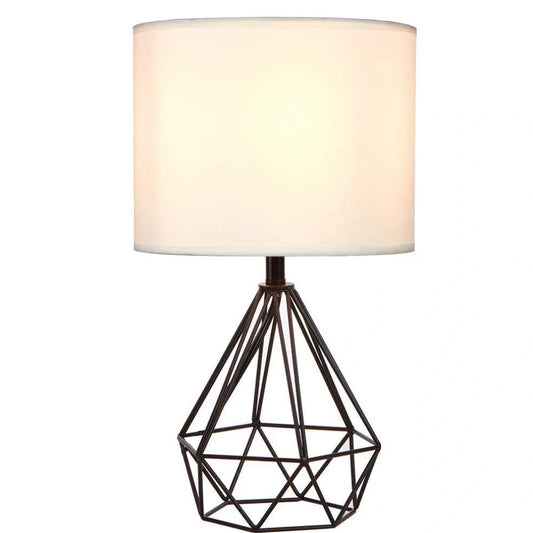 White iron frame table lamp with fabric shade and knob switch, E27 base for LED bulbs