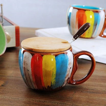 Handmade ceramic coffee mug with lid and spoon in vibrant colors, 350ml capacity