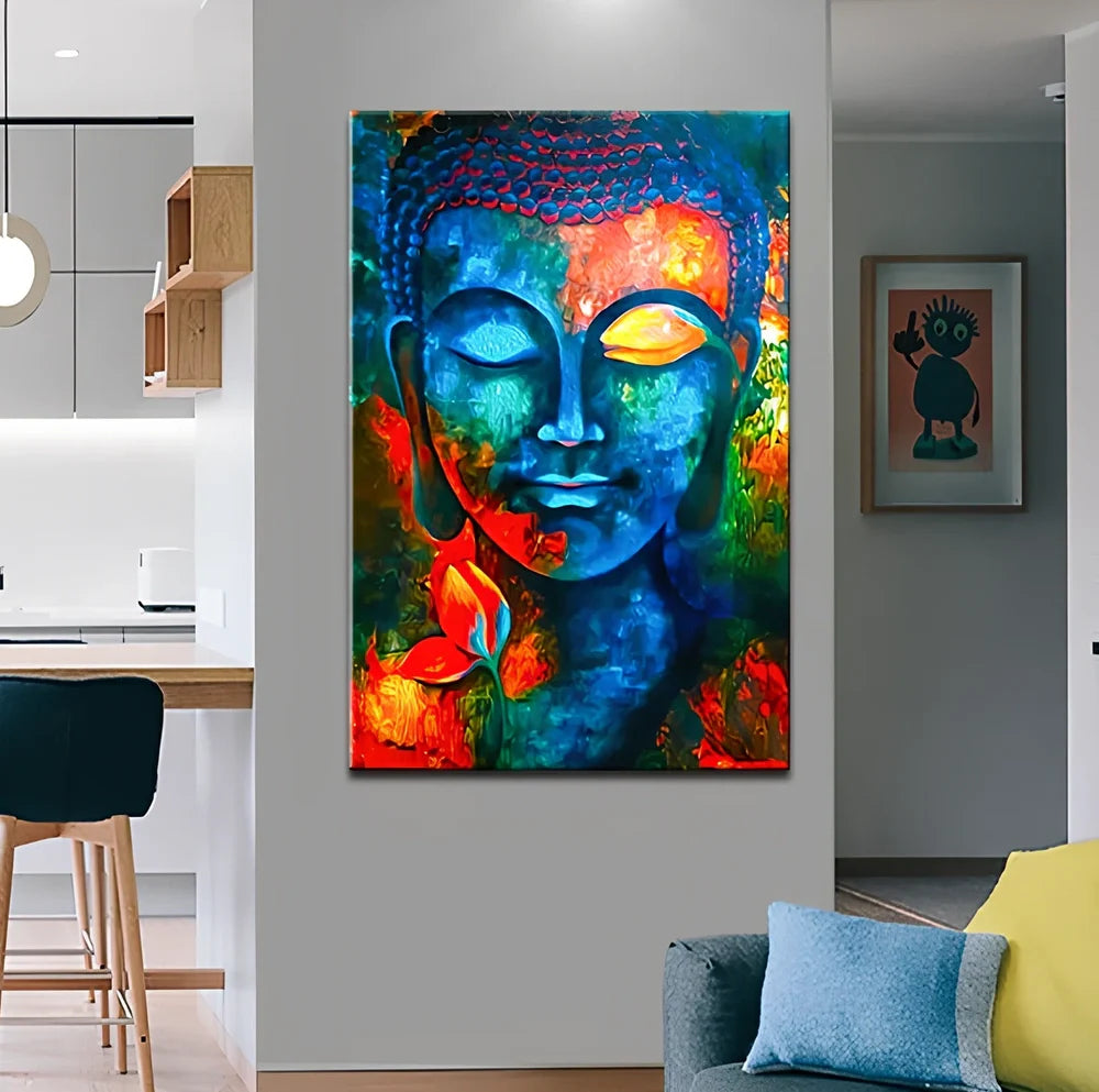Modern Buddha canvas wall art in chemical fabric with detailed printing, available in 10 sizes from 20x30cm
