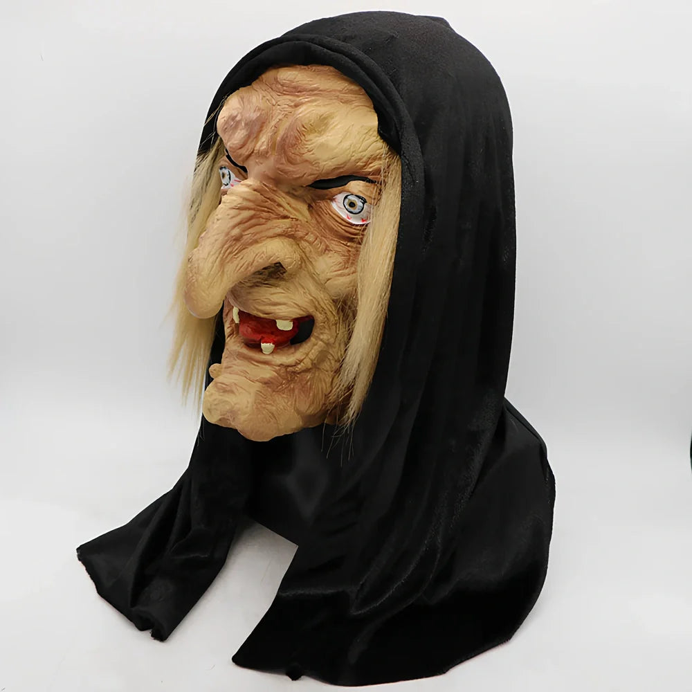 Black latex Halloween witch mask with full facial coverage and realistic texture details for adult costume parties