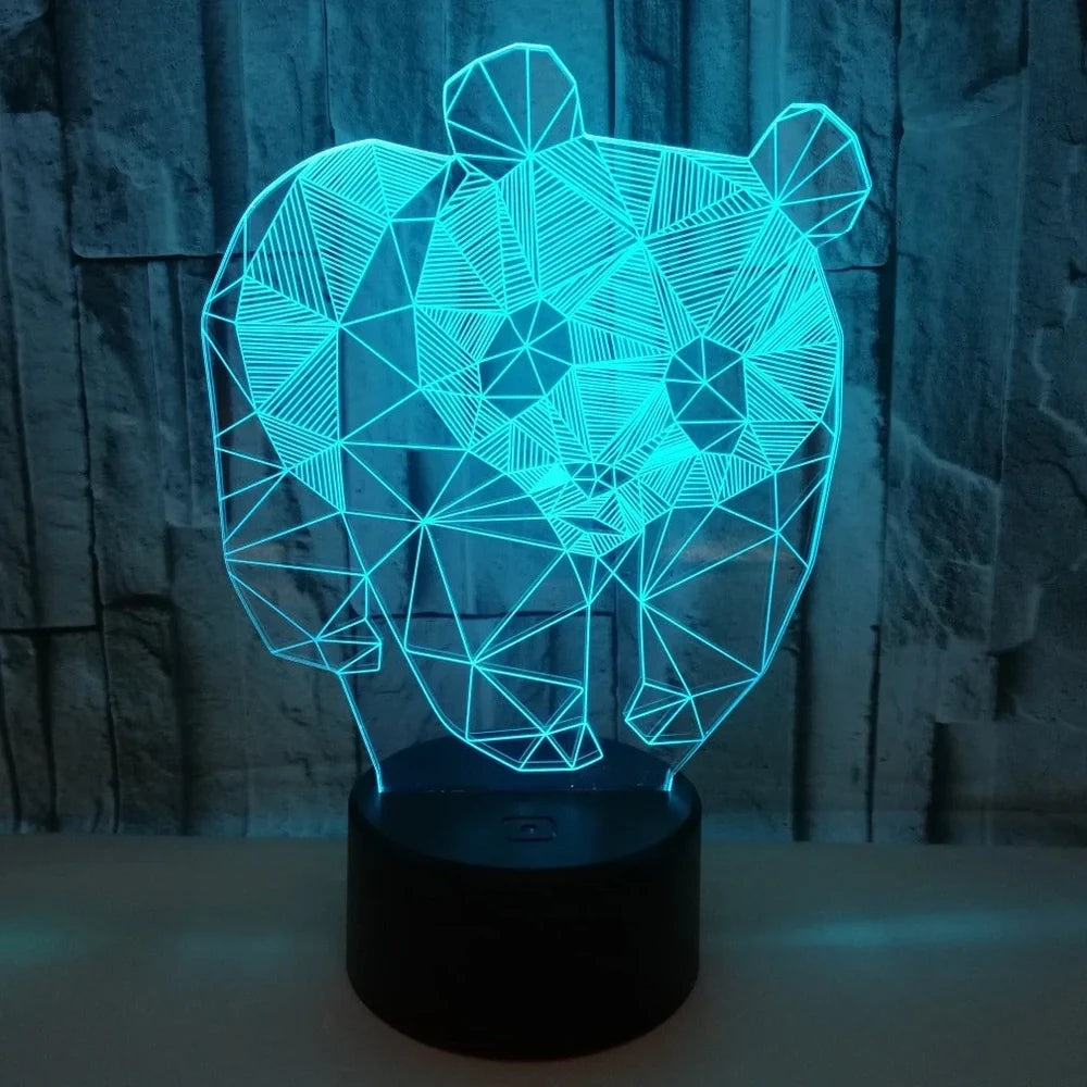 Black LED stereo night light with acrylic board, 87x87x42mm base, showing seven colour modes and remote control